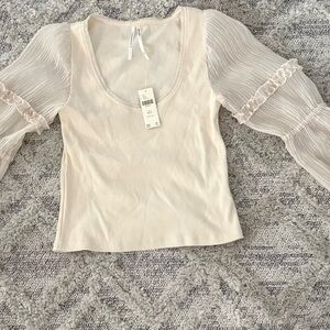 Anthropologie NWT Size XSP Women's Cream Puff-Sleeve Scoop Neck Top
